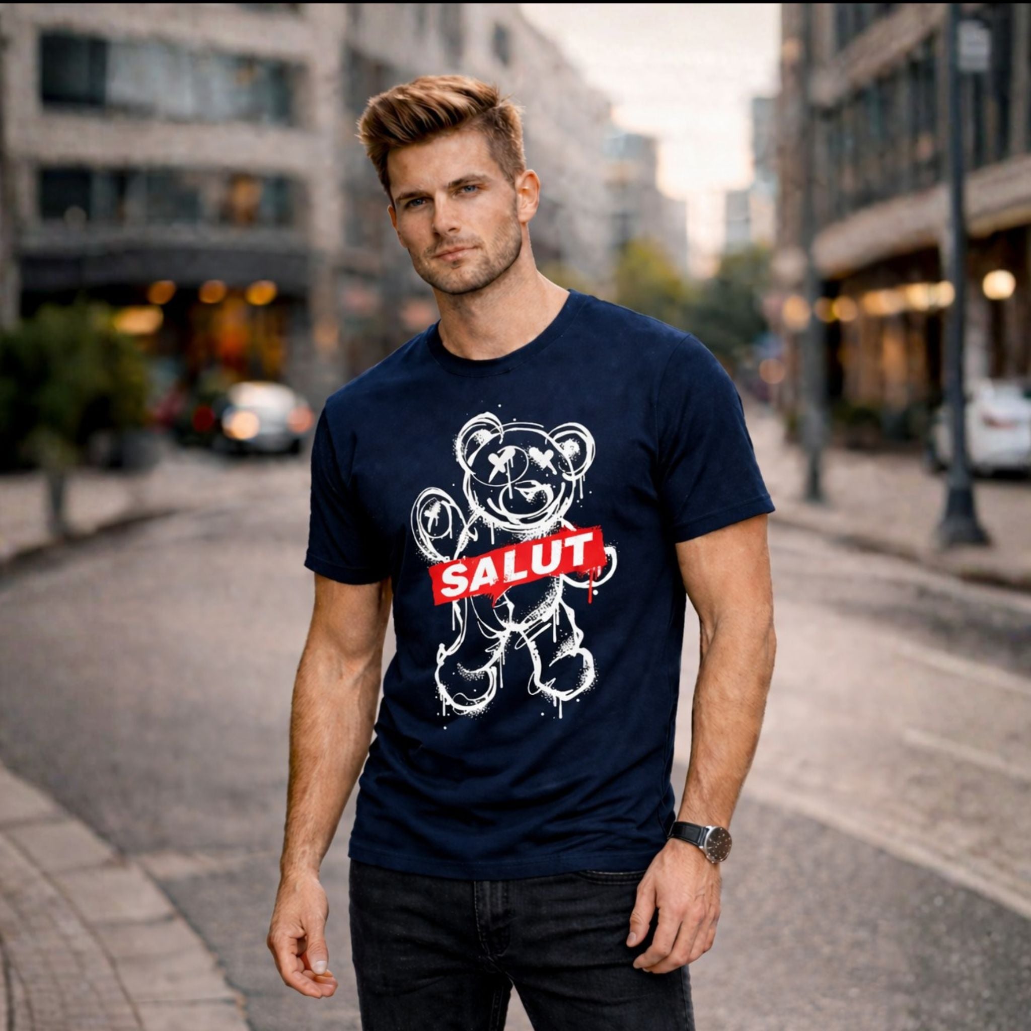 SALUT Bear Graphic Printed T-Shirt for Men – Premium Cotton | Stavalian