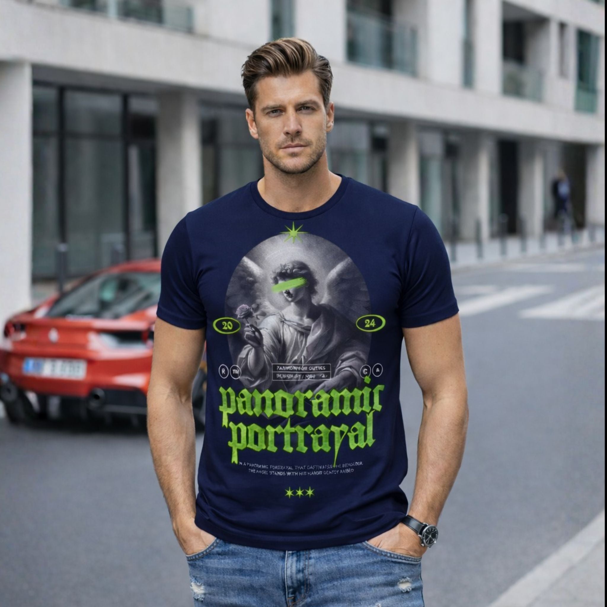 Panoramic Portrayal Graphic Printed T-Shirt for Men | Neon Urban Streetwear Tee