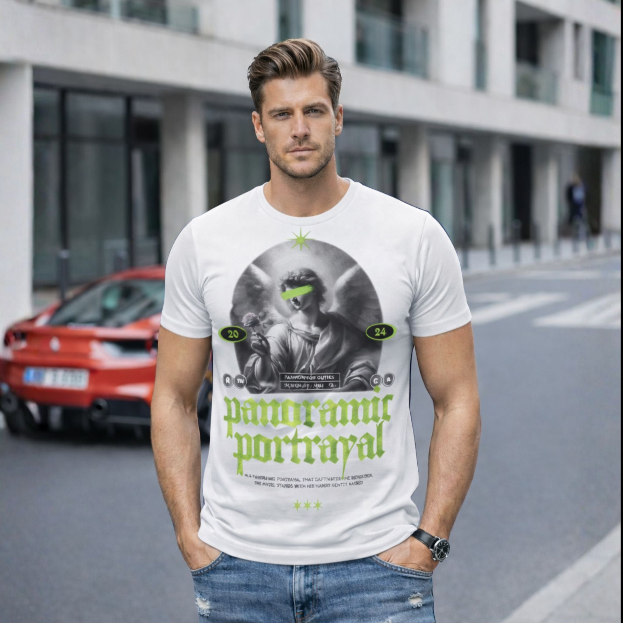 Panoramic Portrayal Graphic Printed T-Shirt for Men | Neon Urban Streetwear Tee