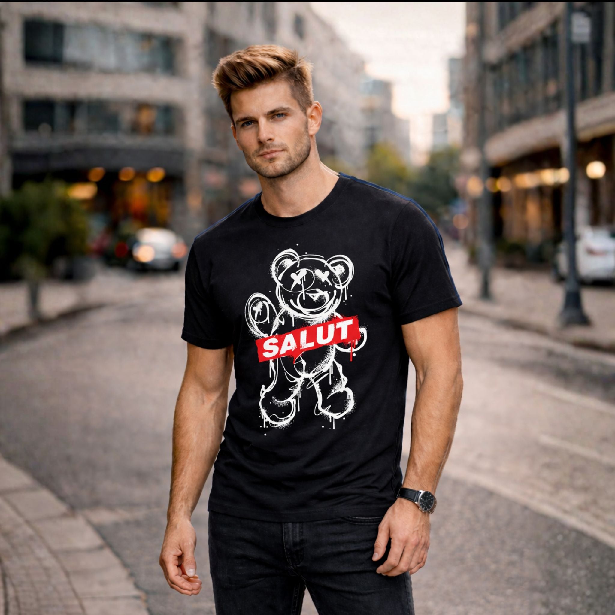 SALUT Bear Graphic Printed T-Shirt for Men – Premium Cotton | Stavalian