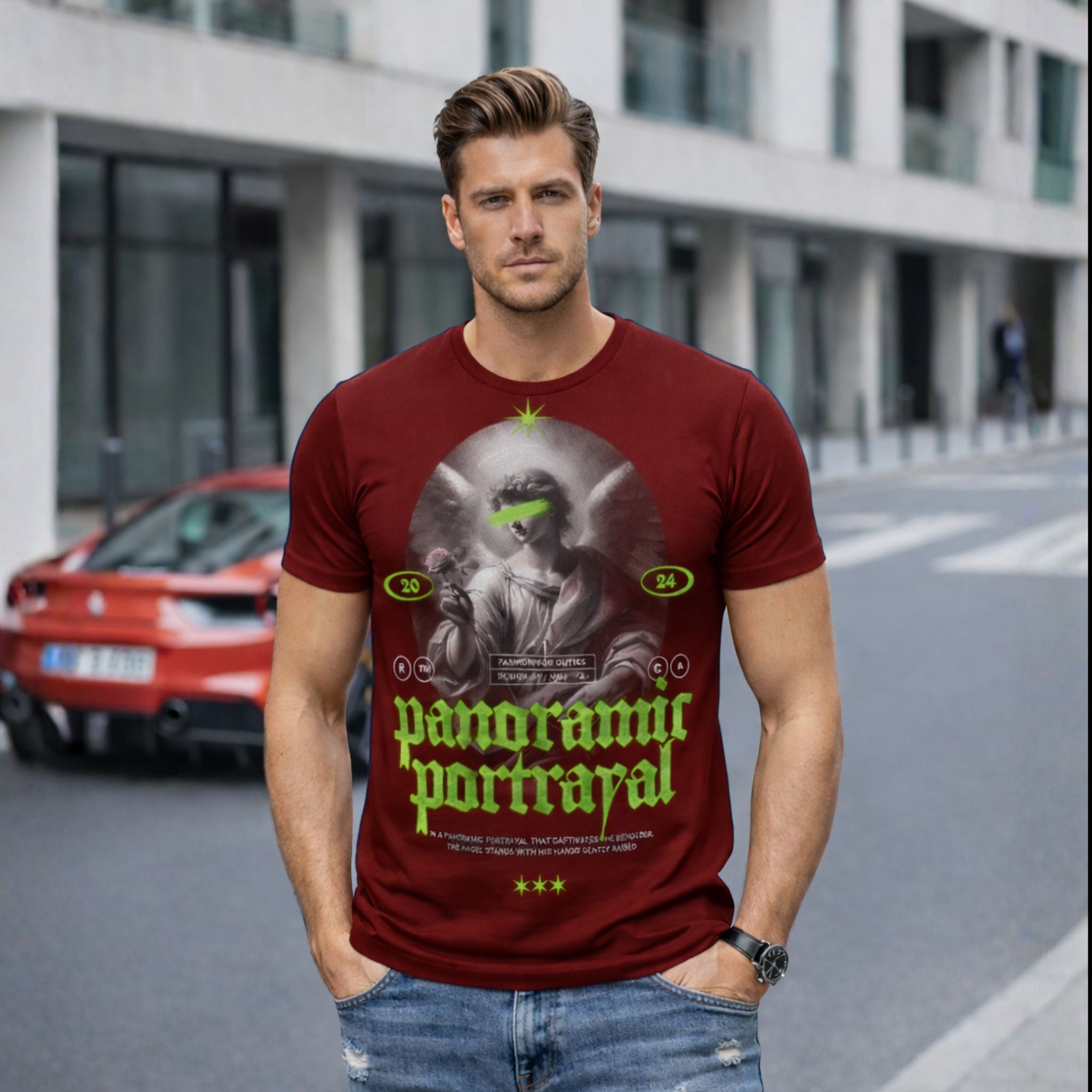 Panoramic Portrayal Graphic Printed T-Shirt for Men | Neon Urban Streetwear Tee