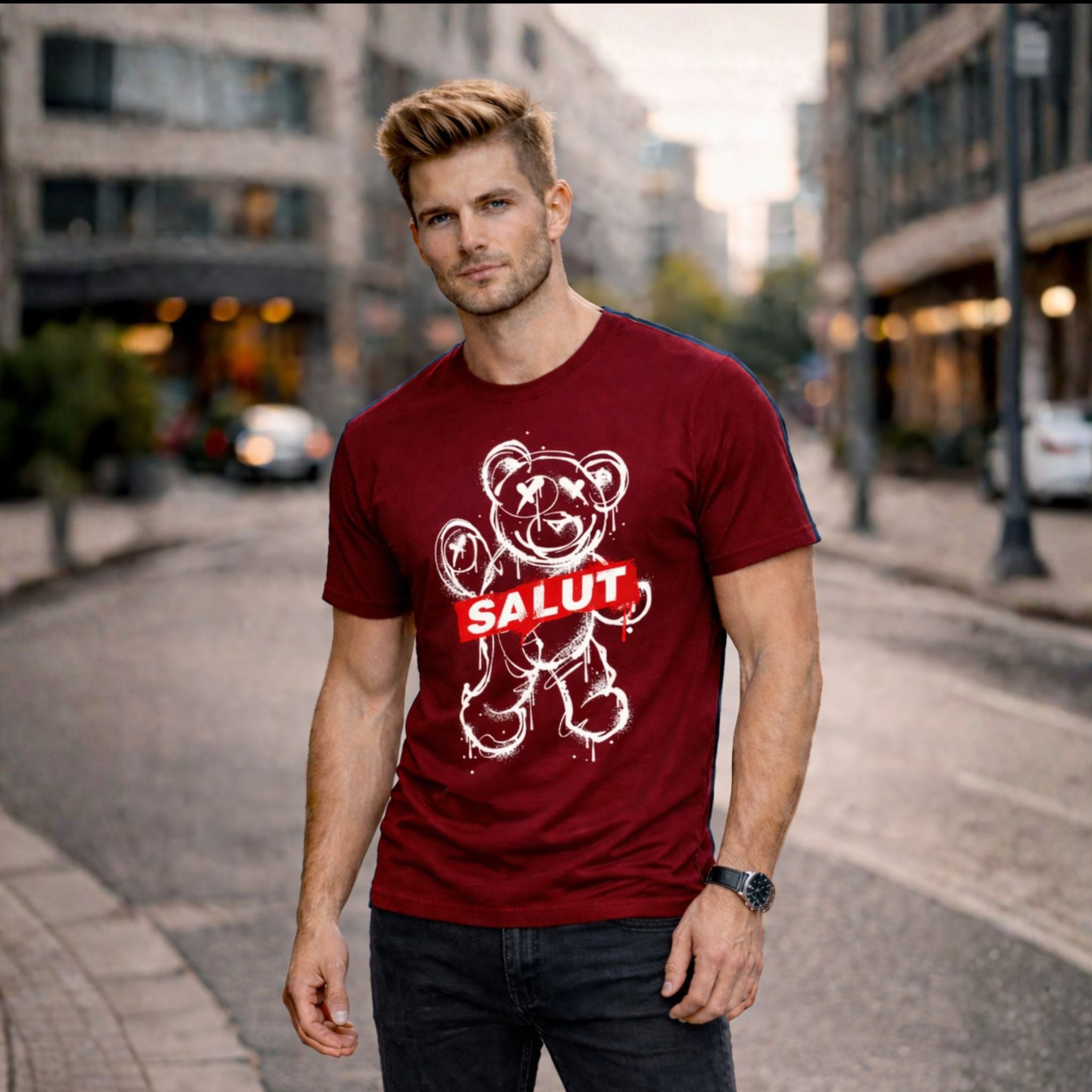 SALUT Bear Graphic Printed T-Shirt for Men – Premium Cotton | Stavalian
