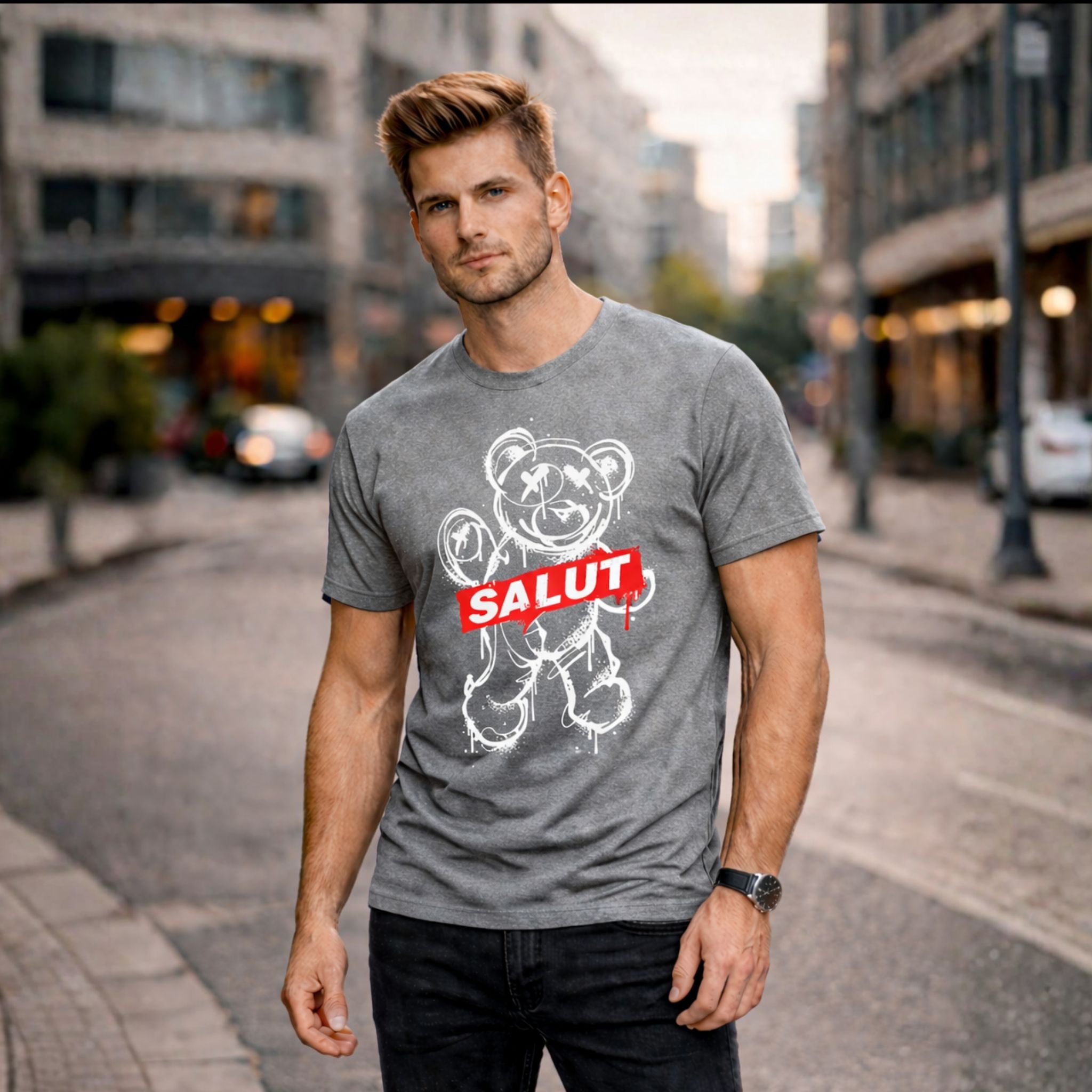 SALUT Bear Graphic Printed T-Shirt for Men – Premium Cotton | Stavalian