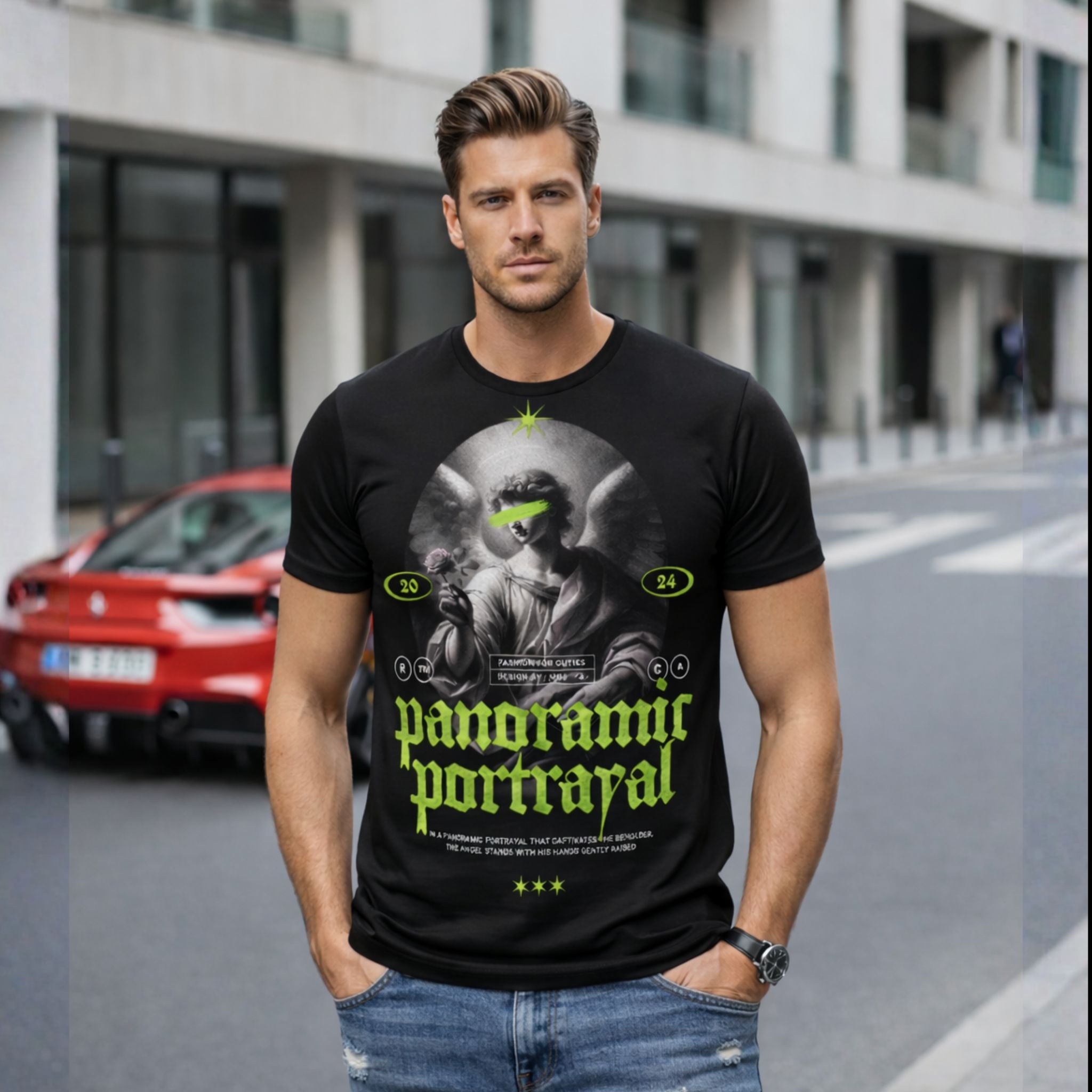 Panoramic Portrayal Graphic Printed T-Shirt for Men | Neon Urban Streetwear Tee