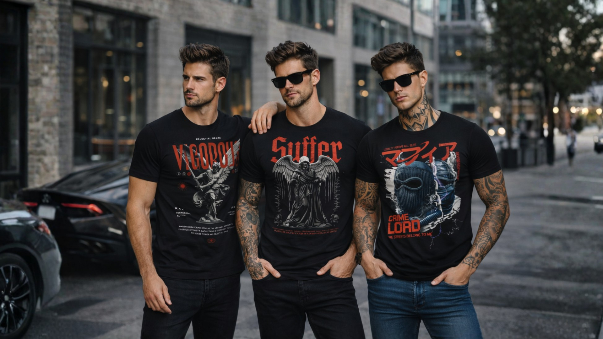 Three men wearing black t-shirts with graphic designs on a city street.